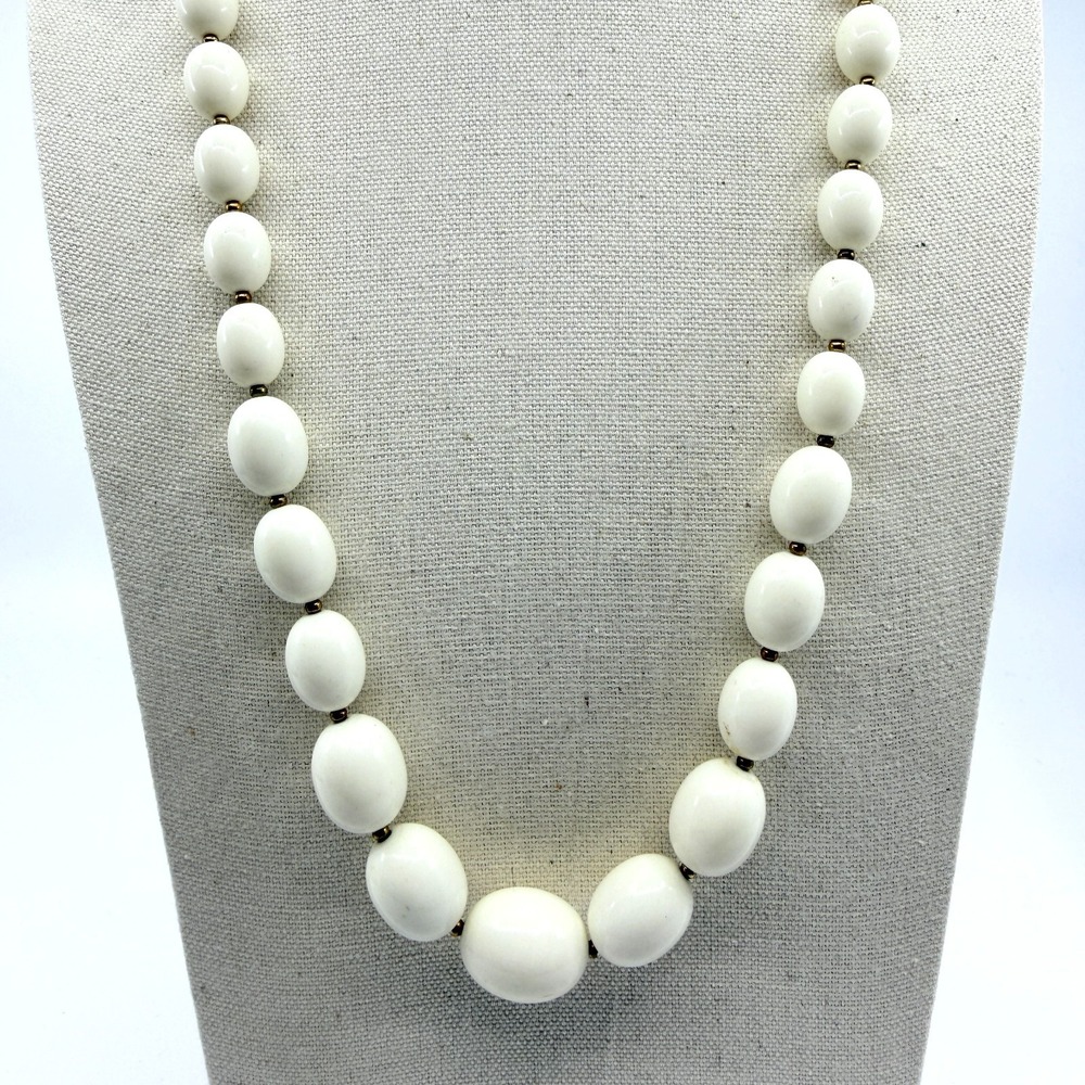 Vintage 70s Chunky White Lucite Bead Necklace with Brass Tone Spacers